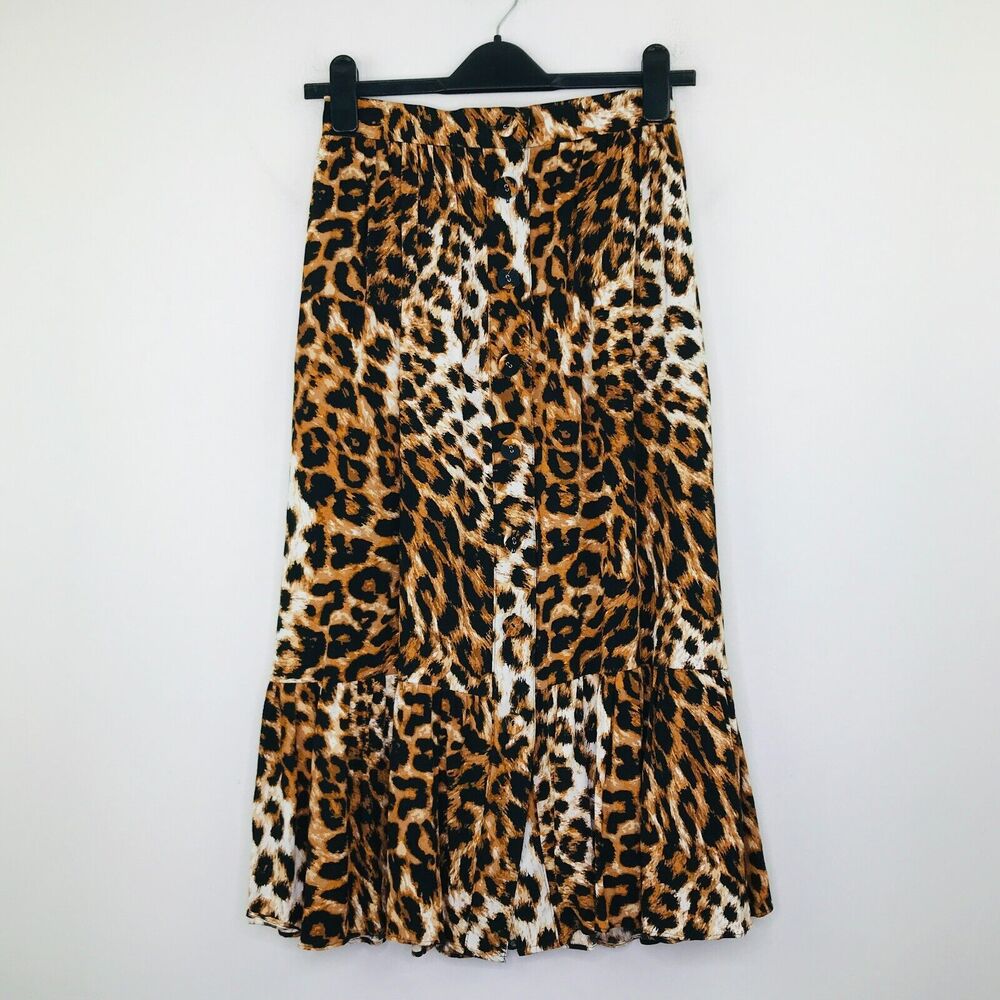 Talbots Women's XS Skirt Brown Black Leopard Flounced Button Front Maxi BS14